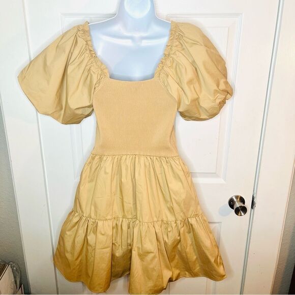 Endless Rose Mixed Media Puff Sleeve Tiered Mini Dress Tan S NWT - Picture 10 of 13